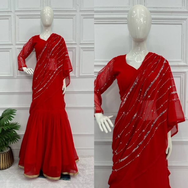 💃✨ GlamFlair Embroidered Lehenga-Saree with Attached Dupatta & Heavy Flair 🌟
