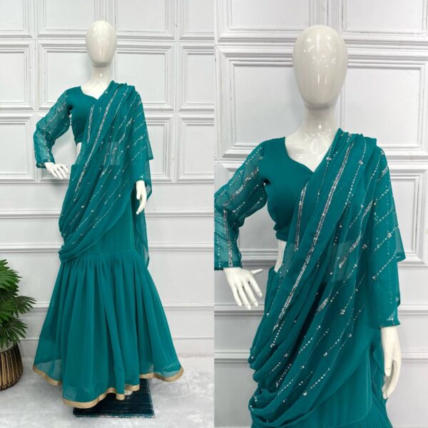 💃✨ GlamFlair Embroidered Lehenga-Saree with Attached Dupatta & Heavy Flair 🌟