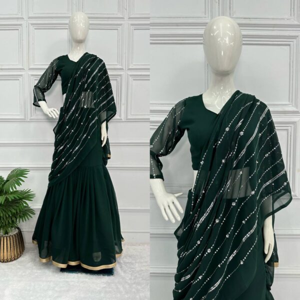 💃✨ GlamFlair Embroidered Lehenga-Saree with Attached Dupatta & Heavy Flair 🌟