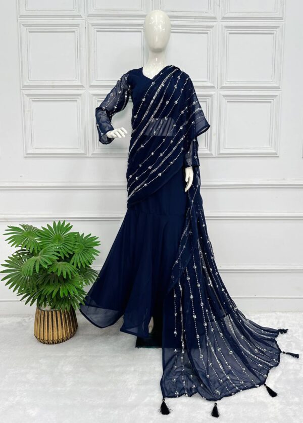 💃✨ GlamFlair Embroidered Lehenga-Saree with Attached Dupatta & Heavy Flair 🌟