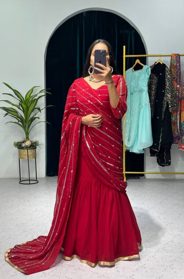💃✨ GlamFlair Embroidered Lehenga-Saree with Attached Dupatta & Heavy Flair 🌟