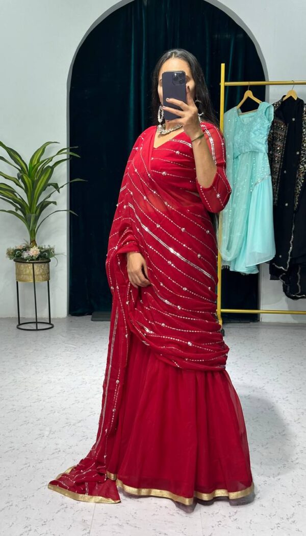 💃✨ GlamFlair Embroidered Lehenga-Saree with Attached Dupatta & Heavy Flair 🌟