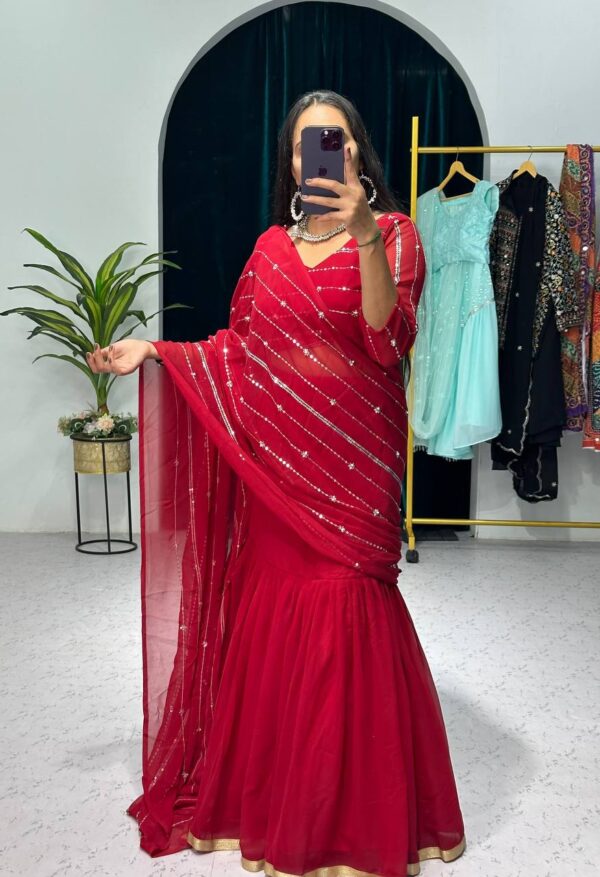 💃✨ GlamFlair Embroidered Lehenga-Saree with Attached Dupatta & Heavy Flair 🌟