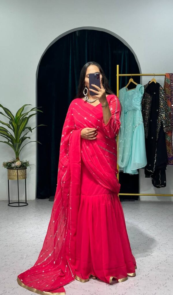 💃✨ GlamFlair Embroidered Lehenga-Saree with Attached Dupatta & Heavy Flair 🌟