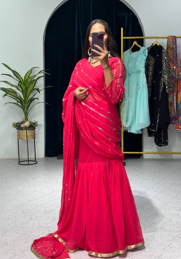 💃✨ GlamFlair Embroidered Lehenga-Saree with Attached Dupatta & Heavy Flair 🌟