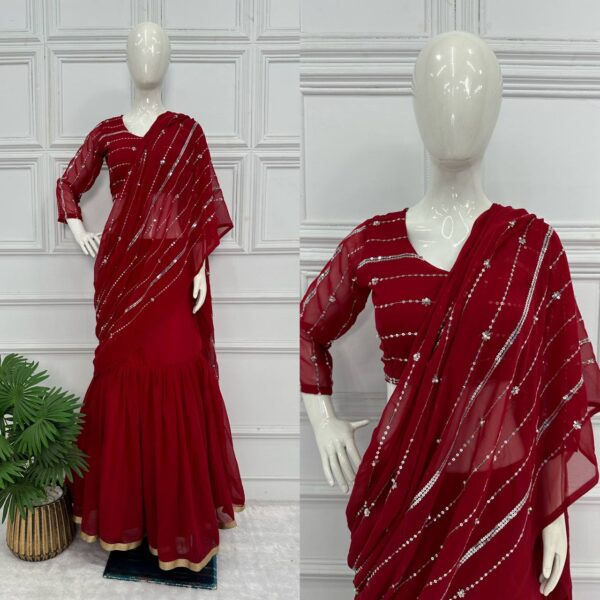 💃✨ GlamFlair Embroidered Lehenga-Saree with Attached Dupatta & Heavy Flair 🌟