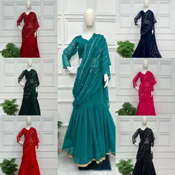 💃✨ GlamFlair Embroidered Lehenga-Saree with Attached Dupatta & Heavy Flair 🌟