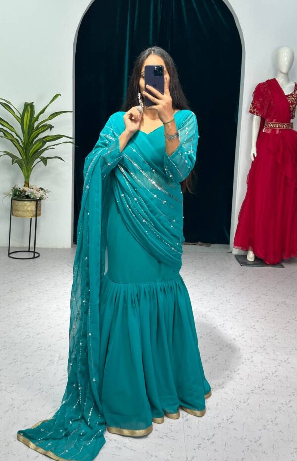 💃✨ GlamFlair Embroidered Lehenga-Saree with Attached Dupatta & Heavy Flair 🌟