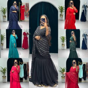 💃✨ GlamFlair Embroidered Lehenga-Saree with Attached Dupatta & Heavy Flair 🌟