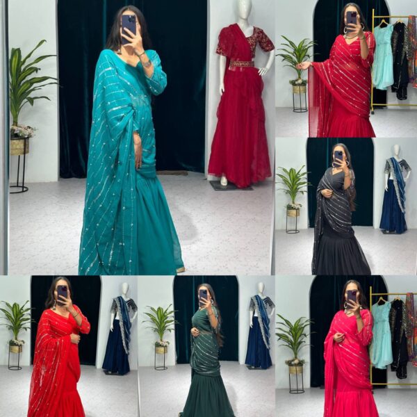 💃✨ GlamFlair Embroidered Lehenga-Saree with Attached Dupatta & Heavy Flair 🌟