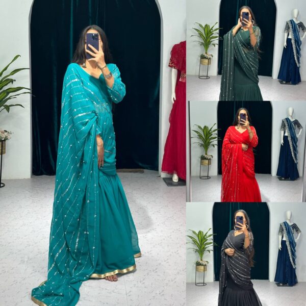 💃✨ GlamFlair Embroidered Lehenga-Saree with Attached Dupatta & Heavy Flair 🌟