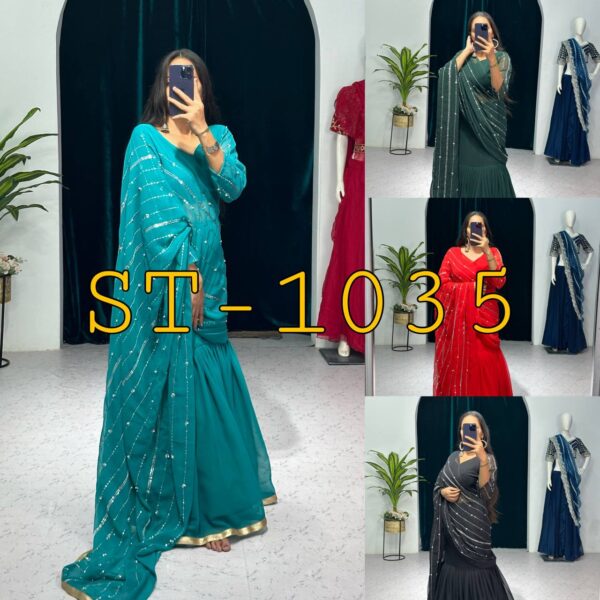 💃✨ GlamFlair Embroidered Lehenga-Saree with Attached Dupatta & Heavy Flair 🌟