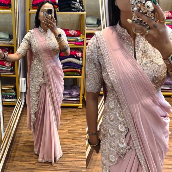 👑 Pastel Glam Chinon Ready-to-Wear Saree Set with Heavy Embroidered Blouse ✨