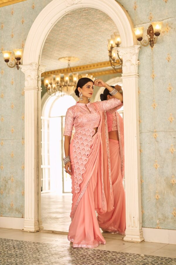 👑 Pastel Glam Chinon Ready-to-Wear Saree Set with Heavy Embroidered Blouse ✨