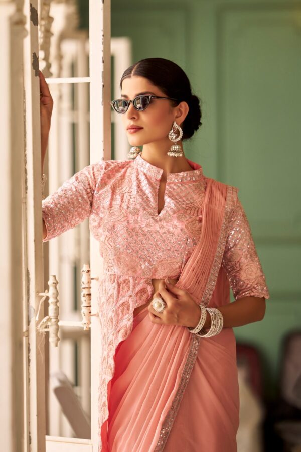 👑 Pastel Glam Chinon Ready-to-Wear Saree Set with Heavy Embroidered Blouse ✨