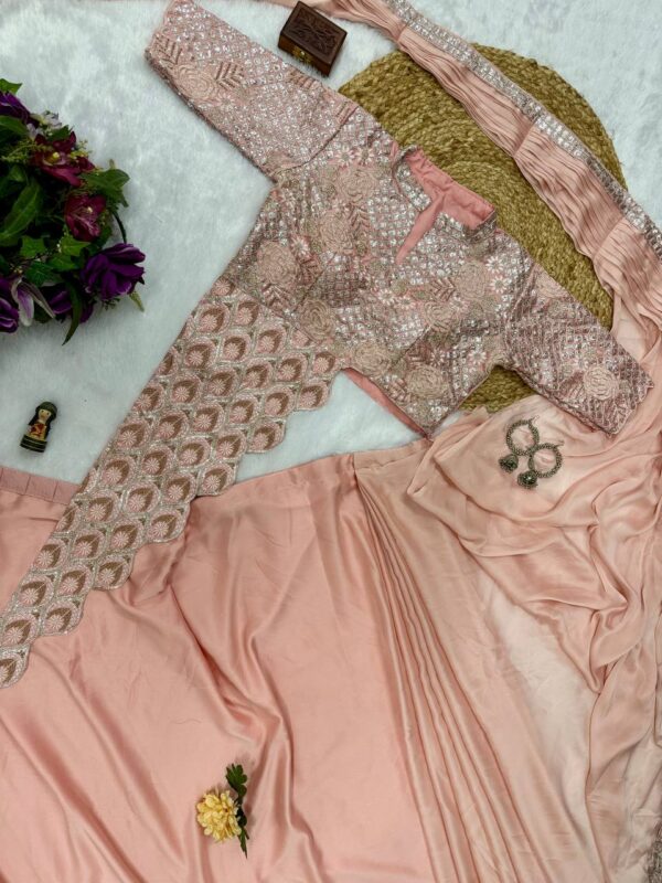 👑 Pastel Glam Chinon Ready-to-Wear Saree Set with Heavy Embroidered Blouse ✨