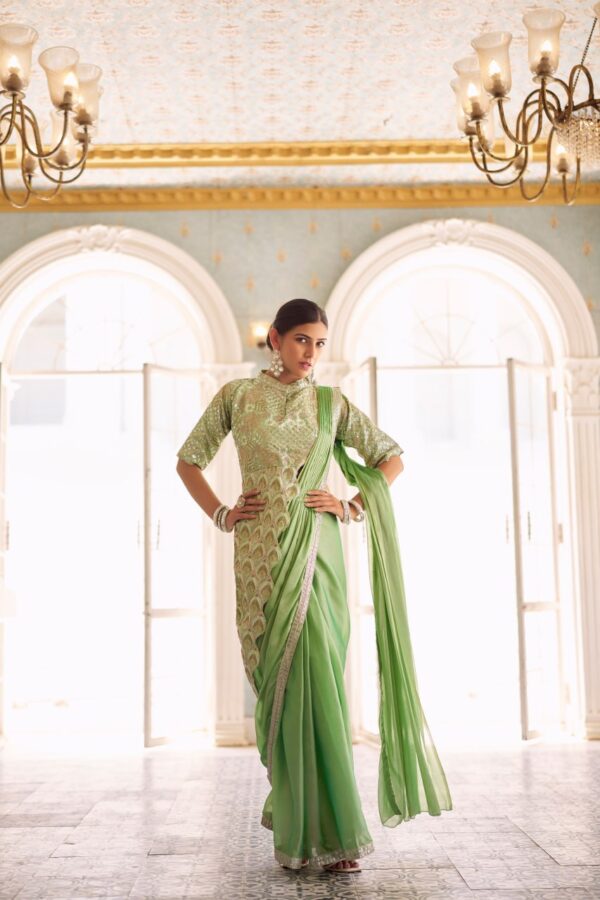 👑 Pastel Glam Chinon Ready-to-Wear Saree Set with Heavy Embroidered Blouse ✨