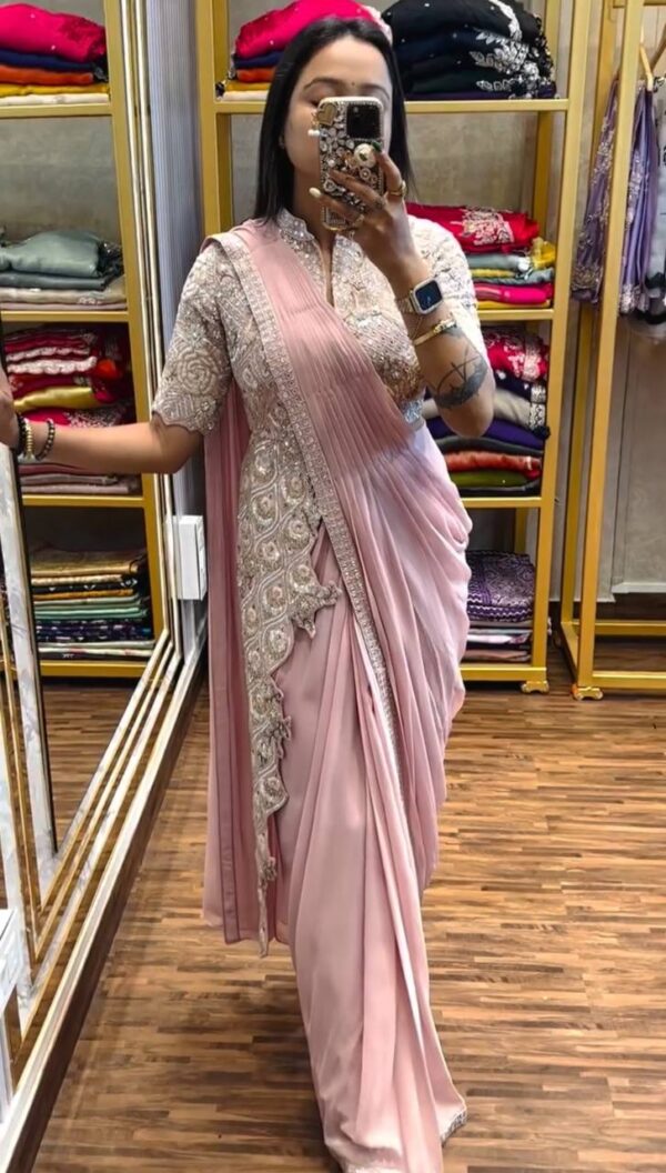 👑 Pastel Glam Chinon Ready-to-Wear Saree Set with Heavy Embroidered Blouse ✨
