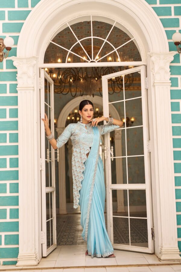 👑 Pastel Glam Chinon Ready-to-Wear Saree Set with Heavy Embroidered Blouse ✨