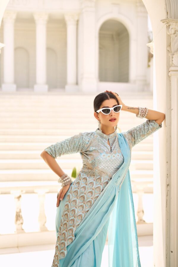 👑 Pastel Glam Chinon Ready-to-Wear Saree Set with Heavy Embroidered Blouse ✨