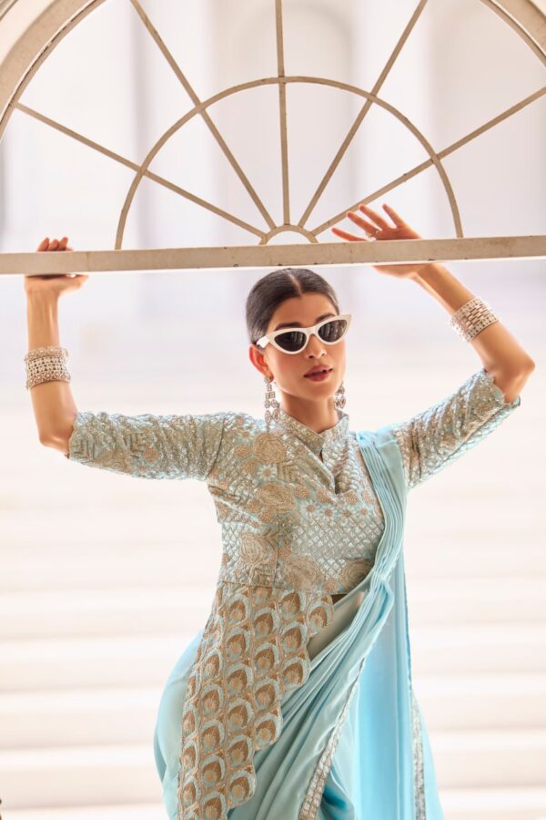 👑 Pastel Glam Chinon Ready-to-Wear Saree Set with Heavy Embroidered Blouse ✨