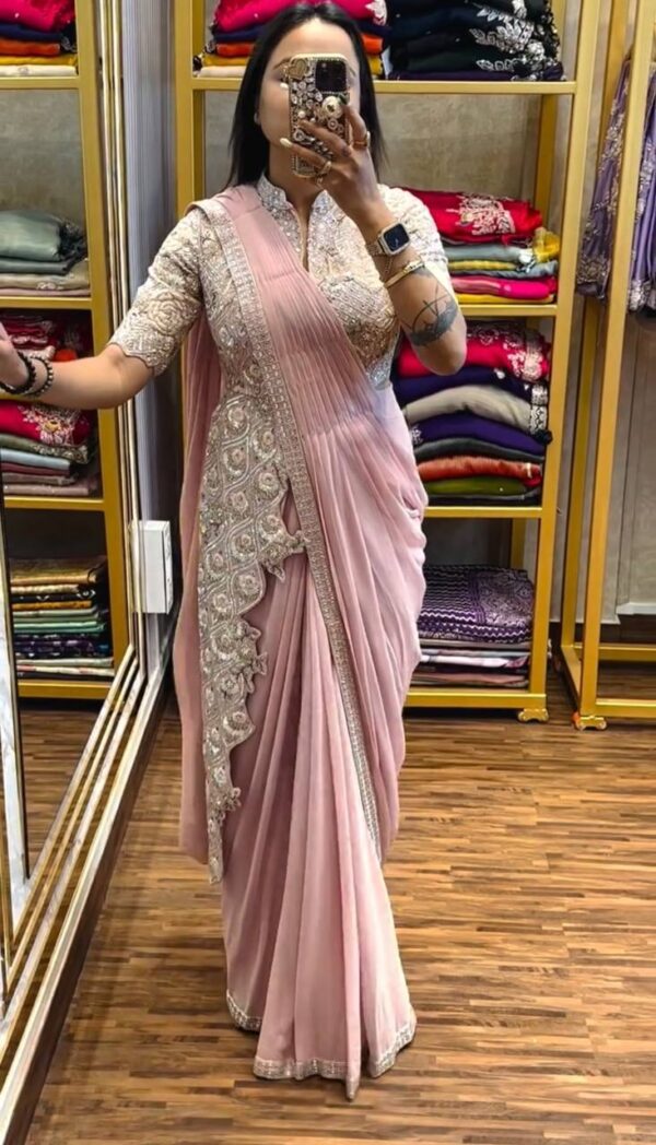 👑 Pastel Glam Chinon Ready-to-Wear Saree Set with Heavy Embroidered Blouse ✨