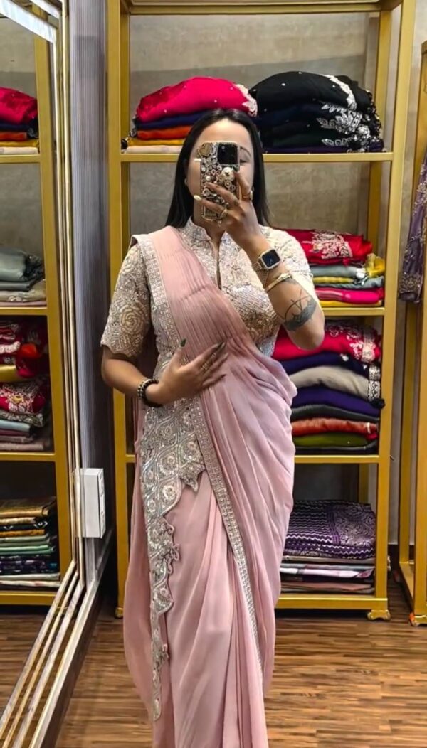 👑 Pastel Glam Chinon Ready-to-Wear Saree Set with Heavy Embroidered Blouse ✨
