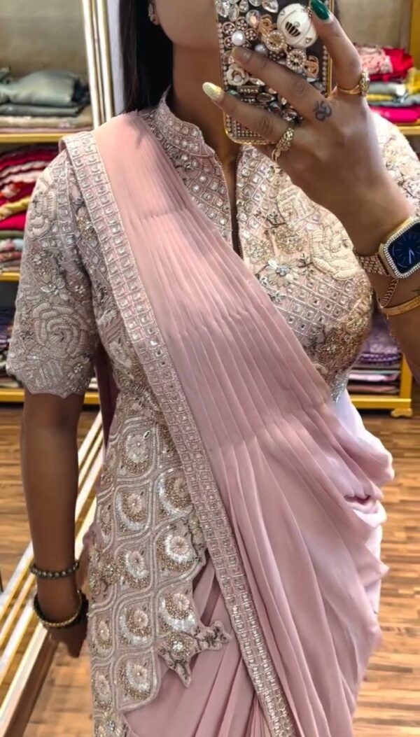 👑 Pastel Glam Chinon Ready-to-Wear Saree Set with Heavy Embroidered Blouse ✨