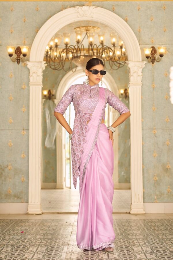 👑 Pastel Glam Chinon Ready-to-Wear Saree Set with Heavy Embroidered Blouse ✨