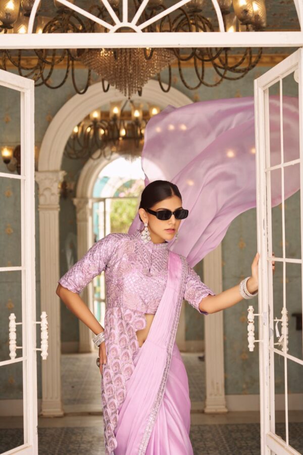 👑 Pastel Glam Chinon Ready-to-Wear Saree Set with Heavy Embroidered Blouse ✨