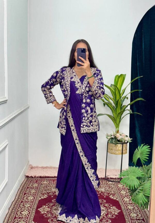 ✨ Indo-Western Chinon Drape Saree with Fully Embroidered Koti & Blouse ✨