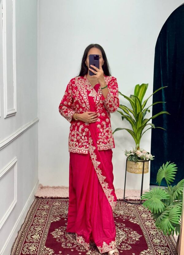 ✨ Indo-Western Chinon Drape Saree with Fully Embroidered Koti & Blouse ✨