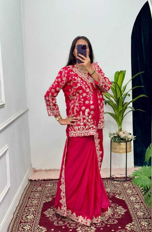 ✨ Indo-Western Chinon Drape Saree with Fully Embroidered Koti & Blouse ✨