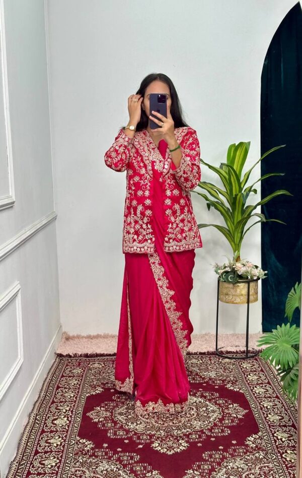 ✨ Indo-Western Chinon Drape Saree with Fully Embroidered Koti & Blouse ✨