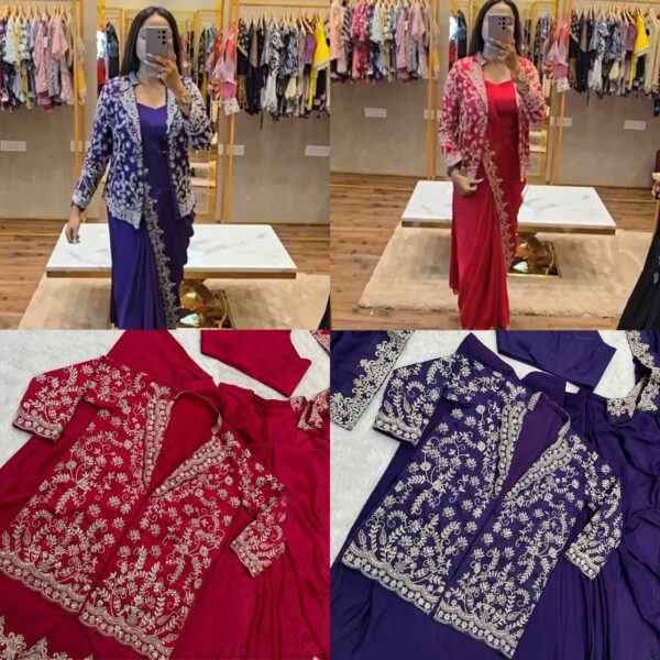 ✨ Indo-Western Chinon Drape Saree with Fully Embroidered Koti & Blouse ✨