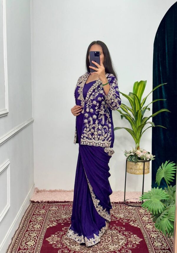✨ Indo-Western Chinon Drape Saree with Fully Embroidered Koti & Blouse ✨