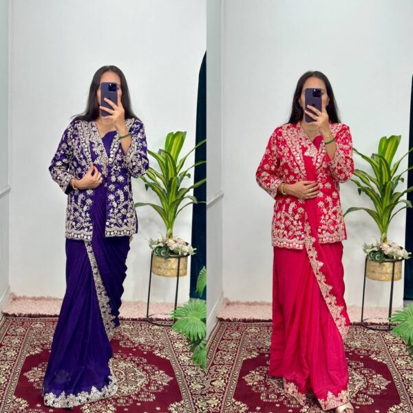 ✨ Indo-Western Chinon Drape Saree with Fully Embroidered Koti & Blouse ✨