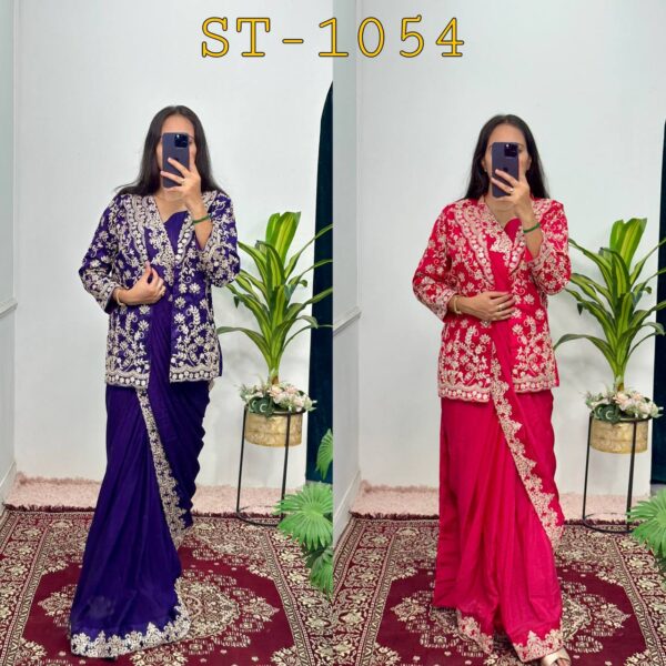 ✨ Indo-Western Chinon Drape Saree with Fully Embroidered Koti & Blouse ✨