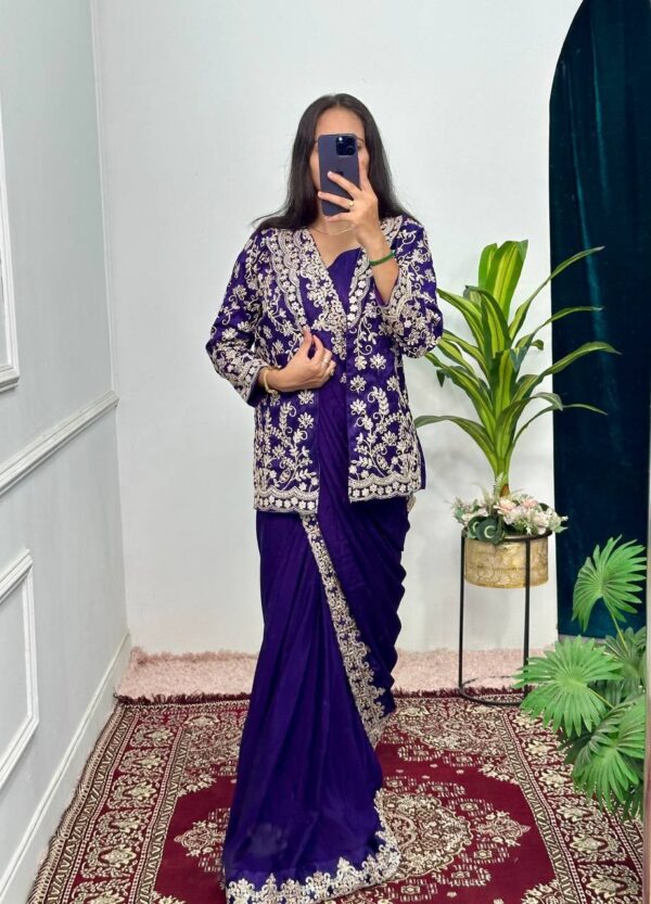 ✨ Indo-Western Chinon Drape Saree with Fully Embroidered Koti & Blouse ✨