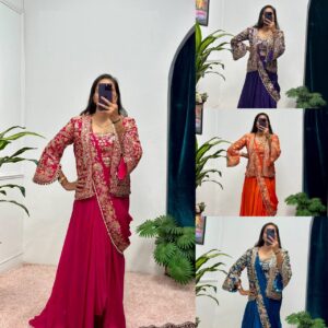 🛍️ Royal Drape Charm – Indo-Western Embroidered Koti Saree Set ✨👑