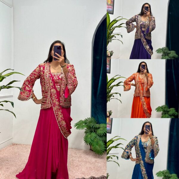 🛍️ Royal Drape Charm – Indo-Western Embroidered Koti Saree Set ✨👑