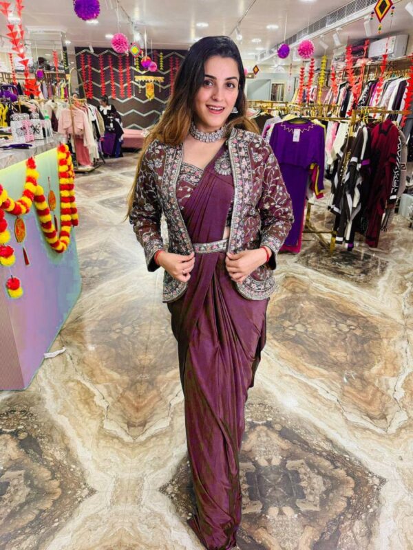 ✨ Zip & Slay! Indo-Western Drape Saree Set with Embroidered Jacket & Belt (6 Stunning Colors) 💃