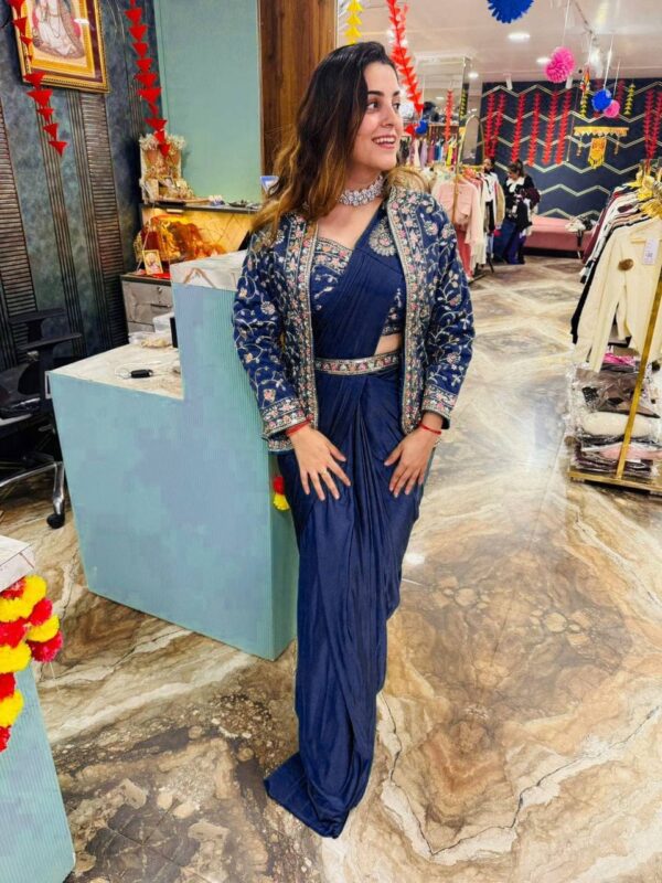 ✨ Zip & Slay! Indo-Western Drape Saree Set with Embroidered Jacket & Belt (6 Stunning Colors) 💃