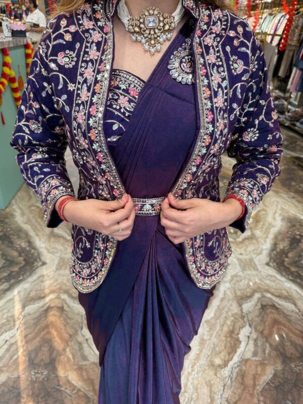 ✨ Zip & Slay! Indo-Western Drape Saree Set with Embroidered Jacket & Belt (6 Stunning Colors) 💃