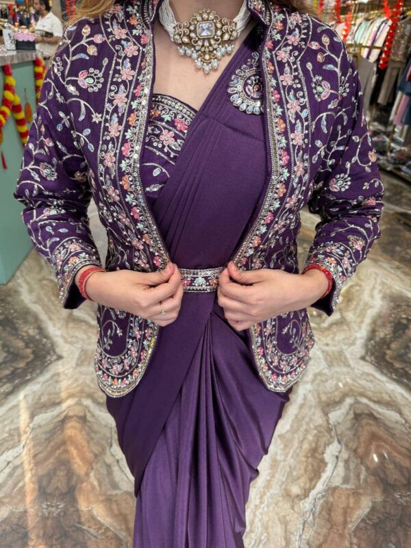 ✨ Zip & Slay! Indo-Western Drape Saree Set with Embroidered Jacket & Belt (6 Stunning Colors) 💃