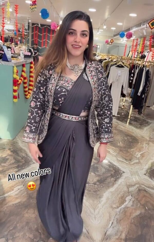 ✨ Zip & Slay! Indo-Western Drape Saree Set with Embroidered Jacket & Belt (6 Stunning Colors) 💃