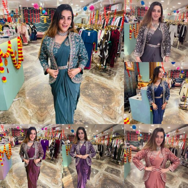 ✨ Zip & Slay! Indo-Western Drape Saree Set with Embroidered Jacket & Belt (6 Stunning Colors) 💃