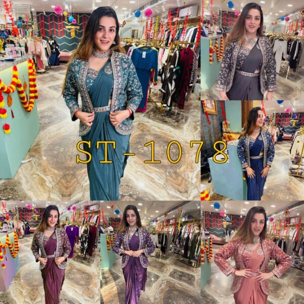 ✨ Zip & Slay! Indo-Western Drape Saree Set with Embroidered Jacket & Belt (6 Stunning Colors) 💃